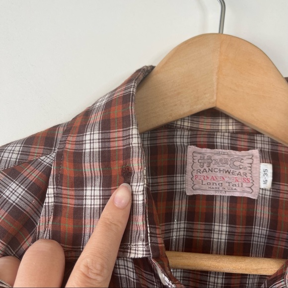 H bar C Ranchwear plaid brown mens western vintage collared button down shirt - Picture 6 of 6